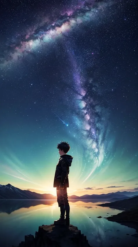 Best quality, masterpiece, fantasy, octane rendering, phone wallpaper, dark silhouette of a boy, look tiny in the picture, this boy is looking at the sky at night, vast and exspansive archipelago at the background, lake, and mountains, fantastic sky with s...