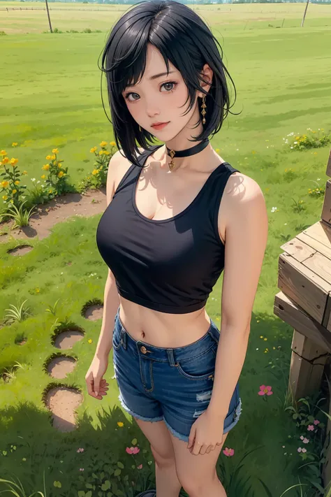 a beautiful woman with short black hair(( yelan genshin impact)), black choker ,big breasts, wearing a pink tank top and mini jeans, front view, smiling, standing in an open grassy field with a clear sky, View from below, fullbody shot, long shot, 