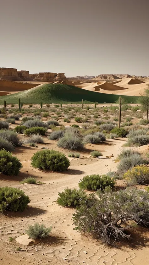 A verdant oasis contrasting with the surrounding arid desert.