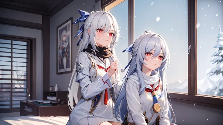 masterpiece, best quality, JingliuV5, 2girls, white hair, long hair, red eyes, white dress, white sailor collar, white scarf, sitting on bed, indoors, bedroom, windows, blue sky, winter, snow, smile, upper body. closed mouth,