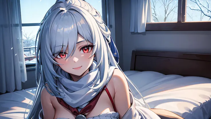 masterpiece, best quality, JingliuV5, 2girls, white hair, long hair, red eyes, white dress, white sailor collar, white scarf, sitting on bed, indoors, bedroom, windows, blue sky, winter, snow, smile, upper body. closed mouth,