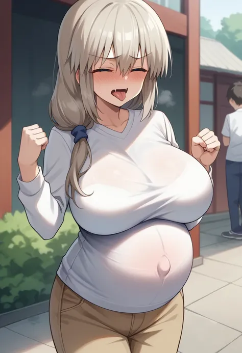 masterpiece,Highest quality,anime,One Girl,blush,Open_moutsideh,tongue_outside,White sweater,Large Breasts, Clenched fist,Slim、blush、tongueを出す、Huge breasts、uzaki_luck、Gray Hair、1 low braid、Cleavage、Pregnant women