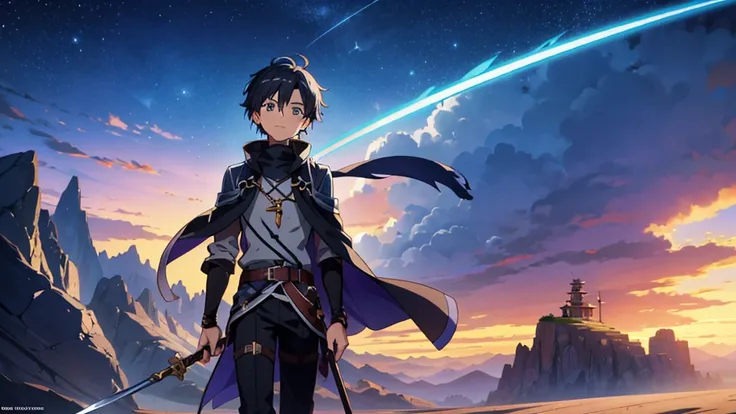 Close-up of a man holding a walking stick in the desert, Kirito, isekai, popular Isekai anime, Mushoku Tensei, Key Anime Art, Sword Art Online, Official Art, The final exile, The final exile anime, SAO-style anime, Thin young male alchemist, Silver, Key Vi...