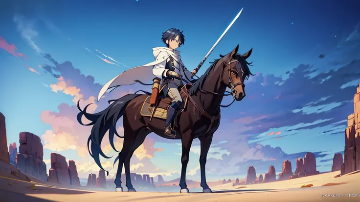 Close-up of a man holding a walking stick in the desert, Kirito, isekai, popular Isekai anime, Mushoku Tensei, Key Anime Art, Sword Art Online, Official Art, The final exile, The final exile anime, SAO-style anime, Thin young male alchemist, Silver, Key Vi...