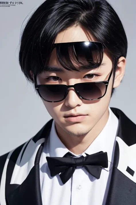 Japanese young man in a formal jacket, sunglasses, thick neck, close-up, white background, black hair, magazine feeling, clean and refreshing
