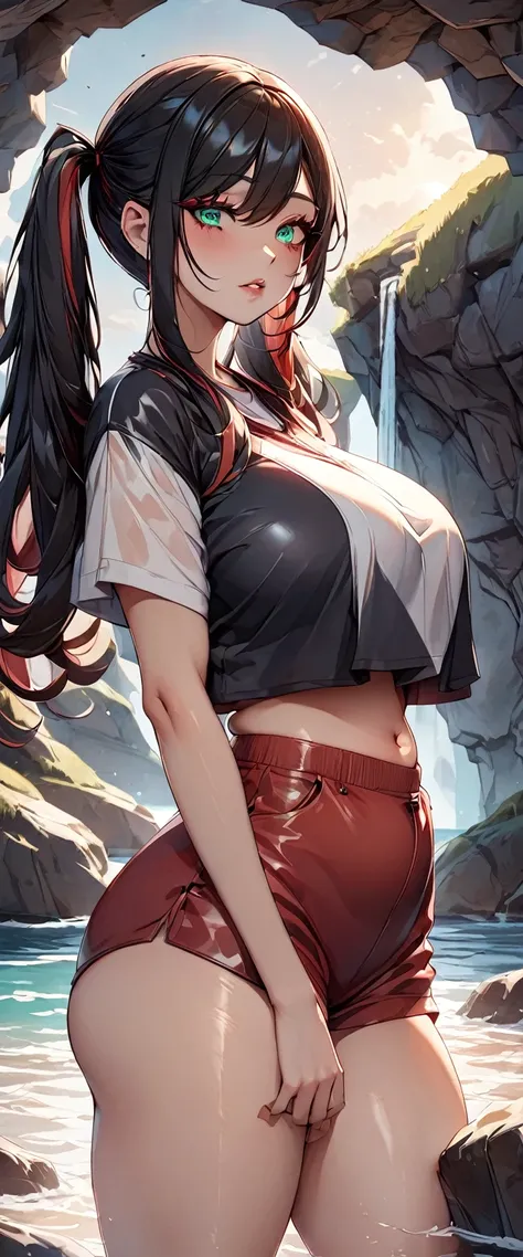 Photo of a woman with natural skin, Upper Body, Seaside cave, The light is shining in, High Twintails, Black hair with red mesh, Sharp eyes with red eyeshadow, Blue-green eyes, Shining eyes, A thin, upturned nose, Well-shaped lips, Big Breasts, ((crop top ...