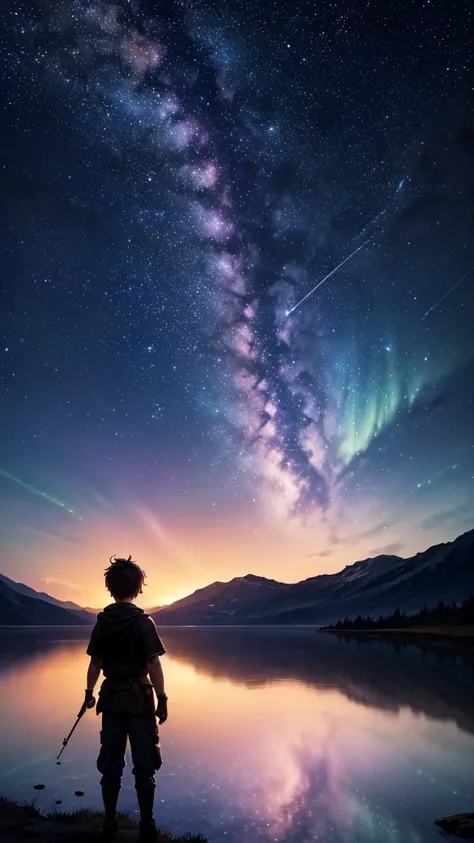 Best quality, masterpiece, fantasy, octane rendering, phone wallpaper, ((dark silhouette of a boy)), ((he looks tiny in the picture)), this boy is looking at the sky at night, from behind, vast and exspansive archipelago at the background, lake, and mounta...