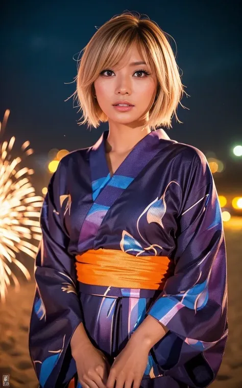 gyaru, dark-skinned, shiny oiled skin, blond hair,  short cut hair, wearing vivid yukata, standing in seaside beach, dark-night, deep fog, orange lanthanum light, Fireworks Festival Venue, Fireworks in the background, cinematic lighting, face close up