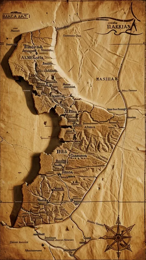 An ancient map of the Sahara desert with markings of possible treasures and lost expeditions.