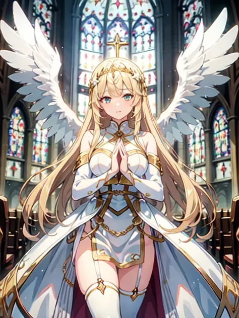 ((Highest quality)), ((masterpiece)), (detailed), Perfect Face, Perfect Arms, Perfect hands, Perfect Fingers, anime, Ultra-fine illustration, One girl, ((goddess)), (Angel Wings), Blonde Long Hair, prayer, church, indoor, (shine), Sparkling, Light effects,...