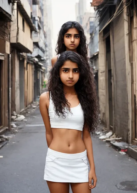 Portrait of a young very cute Indian teenager with long hair, sleeveless, wavy hair standing bare midriff,  short white miniskirt, New York street slums with the early evening clearly visible background