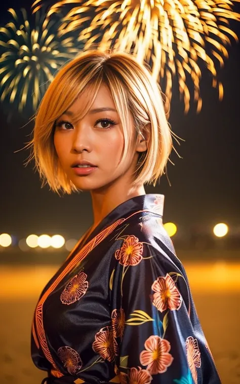 gyaru, dark-skinned, shiny oiled skin, blond hair,  short cut hair, wearing vivid yukata, standing in seaside beach, dark-night, deep fog, orange lanthanum light, Fireworks Festival Venue, Fireworks in the background, cinematic lighting, face close up, fro...