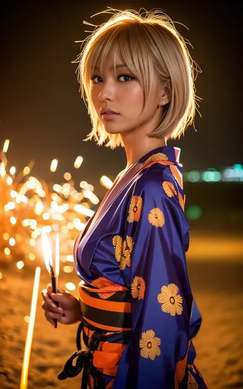 gyaru, dark-skinned, shiny oiled skin, blond hair,  short cut hair, wearing vivid yukata, standing in seaside beach, dark-night, deep fog, orange lanthanum light, Fireworks Festival Venue, Fireworks in the background, cinematic lighting, face close up, fro...