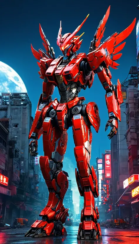 Red theme, phoenix mecha, head for GOD head, mecha wings, cyberpunk, best quality, masterpiece, unmanned, full body, mechanical marvel, strong, moon, ruined city, highest quality digital art, stunning art, wallpaper 4k, highly detailed, military robot, arm...