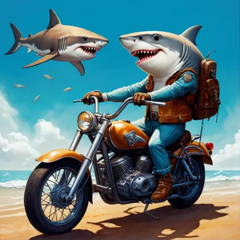 Shark on motorcycle、Fantasy creation illustration、Mignonne gentillesse