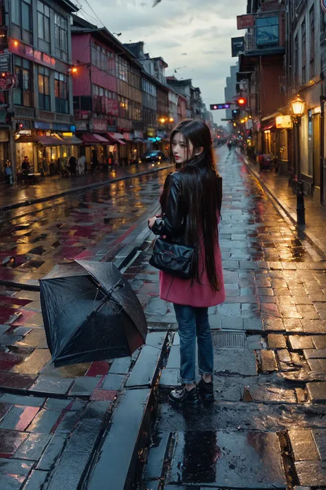 best quality,ultra-detailed,realistic,long hair,girl,raining,street view,portraits,photography,vivid colors,wet pavement, 1 umbrella,city lights,reflections,cityscape,sidewalk,neon lights,traffic,night scene,,serene,urban,atmospheric,bokeh,soft focus,high ...