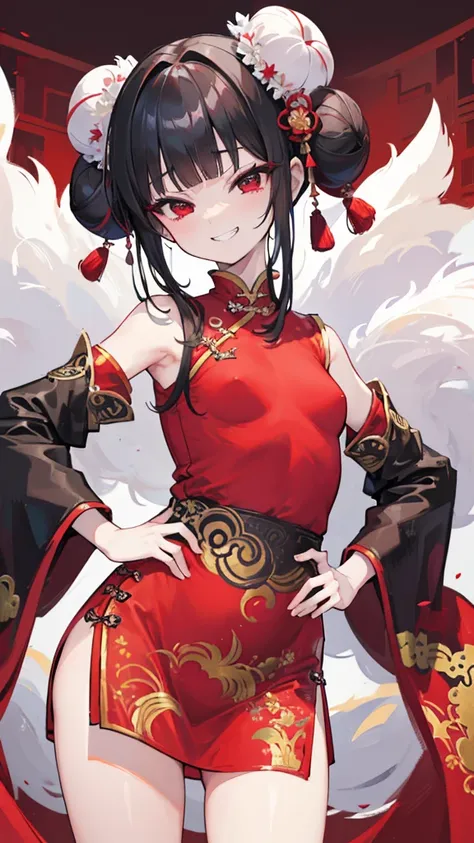 (8K、Highest image quality、highest quality、masterpiece)、detailed face、((one ))、black hair、double bun、blunt bangs、red eyes、evil smile、((grin))、((small breasts))、((red chinese clothes))、bent over、put your hands on your hips、cowboy shot、city background