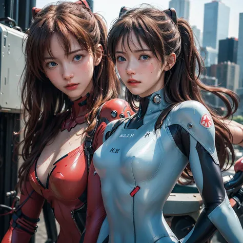 (((Realistic)))picture, masterpiece, Highest quality, One Girl, Lean body, Highest quality, Pale-skinned, Ryu Asuka Langle, Plug Suit 02, Bokeh cyber cityscape background, (Face and eye details:1.1), Earth Eye、Individuality, blush, ((Shy)), Very delicate a...