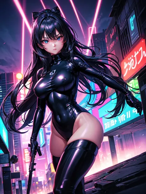 
(Night City), (Neon Line), Girl, Looking at Camera, Large Breasts, (Cyber ​​Ninja Bodysuit), (High Leg Leotard Suit), (Thighs), (Cowboy Shot), With Weapon, (High Resolution, Delicate, Masterpiece illustration, accurate depiction of the human body)