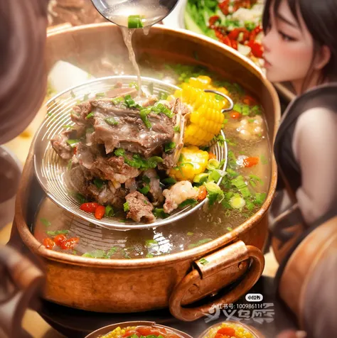 Someone is pouring soup into a pot with vegetables and corn,  Warm and convivial atmosphere, Pustules, tasty, Guangdong, boiling, traditional Chinese, You were, holiday, High-quality food photography, daopao, HD Food Photography, bubbling cauldron!, qiangs...