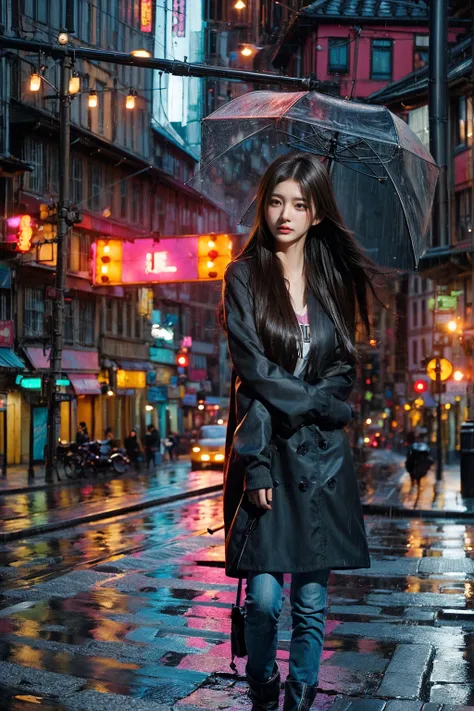 best quality,ultra-detailed,realistic,long hair,girl,raining,street view,portraits,photography,vivid colors,wet pavement, 1 umbrella,city lights,reflections,cityscape,sidewalk,neon lights,traffic,night scene,,serene,urban,atmospheric,bokeh,soft focus,high ...