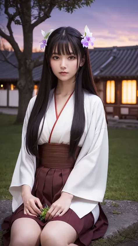 Full-body frontal shot of a woman sitting by a tree holding a bellflower,((Brown eyes)))Red long skirt,Jet black hair without headgear, All-white kimono, Realistic, (Surreal:1.2), Perfect Eyes, Perfect Face, Perfect lighting, Outdoor, Warm colors, Deep pur...