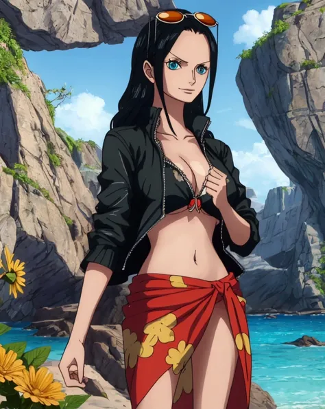 nico robin, wanostyle, 1girl, aqua eyes, black hair, breasts, cleavage, closed mouth, collared jacket, cowboy shot, crop top, cropped jacket, eyewear on head, hair slicked back, hand up, high collar, jacket, large breasts, long hair, looking at viewer, mid...