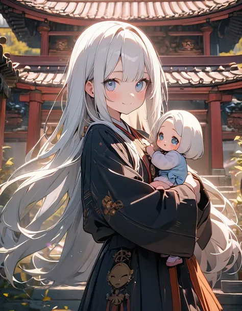 (8k, best quality, master piece: 1.2),super high resolution,1 girl is beautiful put,she is Goddess of Wisdom,18yo,detailed cute face, pretty baby face, ultra cute kawaii, smile,detailed eyes,white hair,long hair,straight hair,(put:1.4),Are standing,temple