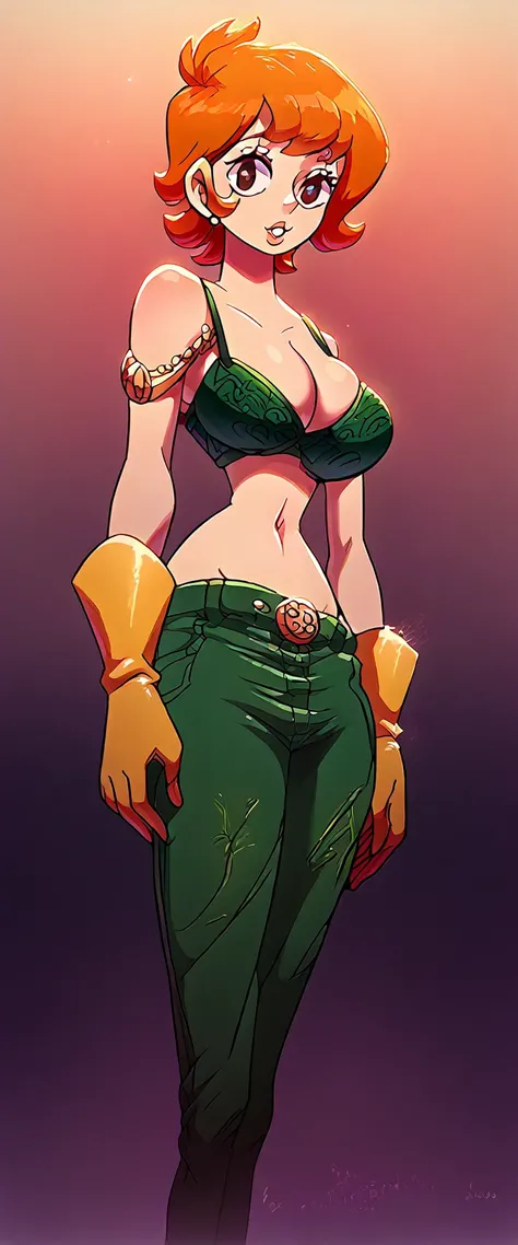 A sexy woman, sensual, beautiful beauty, big breast, short orange hair, squares her brown eye, wearing a green bra and dark green metallic pants, green heels, and a yellow glove.