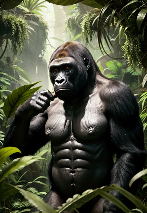 A jungle background with gorillas, photorealistic, artwork,