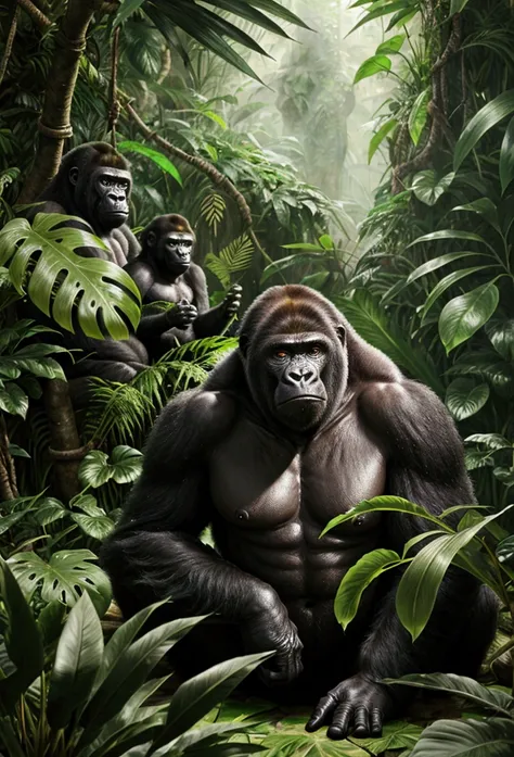 A jungle background with gorillas, photorealistic, artwork,