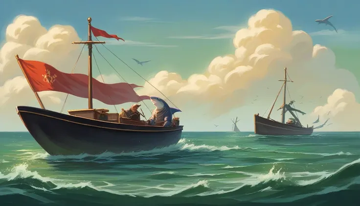 painting of a boat with a shark in the water with a boat in the middle, by Daniel Ljunggren, incredible & arte d, by Alexander Gine, Award-winning epic painting, krenz cushart anarte dem demura, by Karl Kopinski, Sergei Kolesov, conceptual artwork | rhads,...