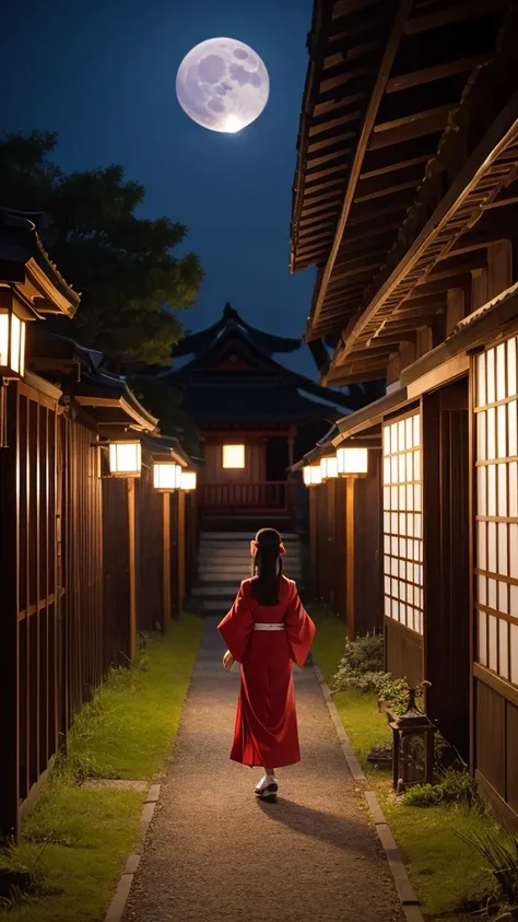 One girl, alone, dress, full moon, In the same way, In the same way skirt, kimono, Shrine maiden、moon, moonlight, Outdoor, red In the same way, skirt, masterpiece, Highest quality