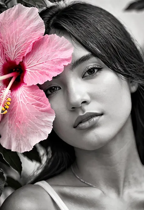 A black and white photo in raw format, zooming in on the intricate details of a young womans face, shot with a solitary striking Pink Hibiscus, adding a touch of softness and femininity to the composition, enhancing the dramatic contrast and textures of th...