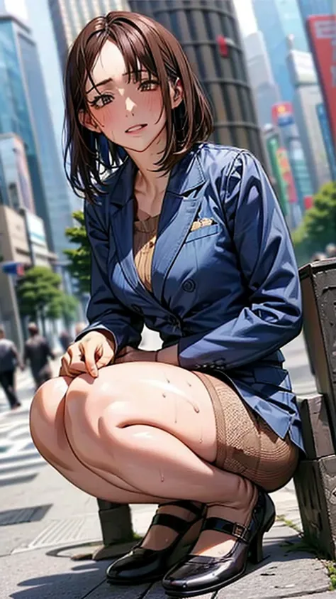 skyscrapers in the background,masterpiece,highest quality,high resolution,anatomically correct,sweat,blue suit,pantyhose,shirt,s...