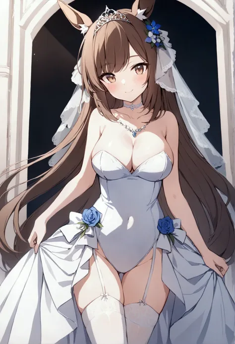 slender, mature female, 1girl, breasts, animal_ears, horse_ears, horse_girl, horse_tail, long_hair, large_breasts, cleavage, brown_hair, garter_straps, solo, white_legwear, flower, brown_eyes, jewelry, thighhighs, dress, thighs, bare_shoulders, necklace, l...