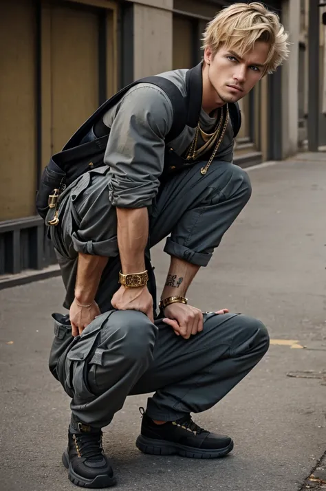 Medium bound Caucasian male, short messy dirty blonde hair, gray-blue eyes, wearing baggy black cargo pants with black and gold top, gold accents and accessories, intimidating crouching pose