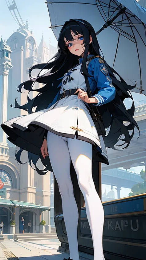 beautiful girl with long black hair, beautiful detailed blue eyes, beautiful detailed lips, extremely detailed face, white high tights, white skirt, dark blue jacket, train station background, anime style, highly detailed, masterpiece, soft colors