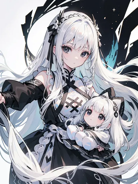 (Top image quality)、(Very detailed)、(Facing forward)、Top quality、masterpiece、(((1 girl )))、Silver Hair、White hair、((Long hair))、Weaving、(black eyes:1.6)、(White and black cheongsam)、Hooded dress、Lots of decorations、Lots of ribbons、White Ribbon、ruthless、Jour...