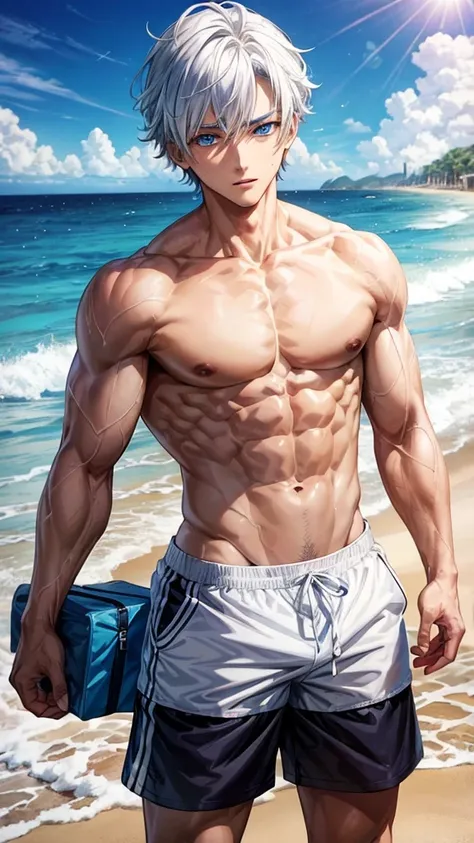 Anime guy about 15, shirtless, with blue eyes and white hair, muscular, 6 pack abs, with white shorts, on the beach  