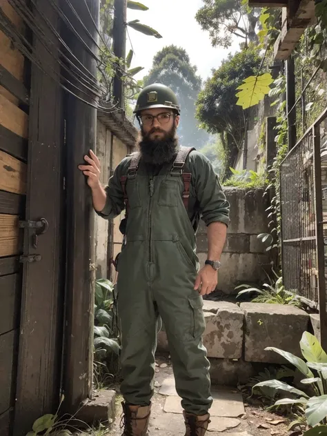 One boy, beard, Glasses, Explorer, coveralls, Helmet, Boots, Headlight, jungle, Lush, mysterious, ancient ruins, (Vintage Gear), 双Glasses, Big tree々, Sunshine pours in, Animals in the wild, Dark green leaves, Vines, Labyrinthine, adventure, discovery, full...