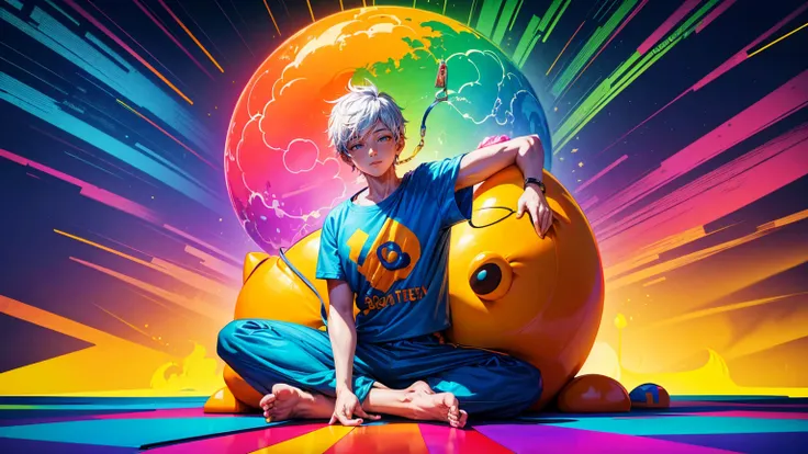 A colorful boy cartoon character illustration of the Buddha meditating on top with his hands spread out in front, wearing an oversized t-shirt that says " PACIbuffyforce Bnett babe" , surrounded by bitcoin coins and trading charts,, perfect details, smooth...