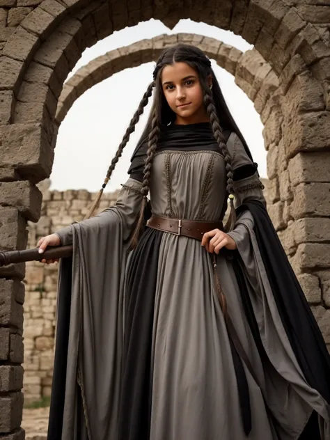 female, teen, olive skin, grey eyes, long black french braided hair, medieval dress, transformation into a harpy