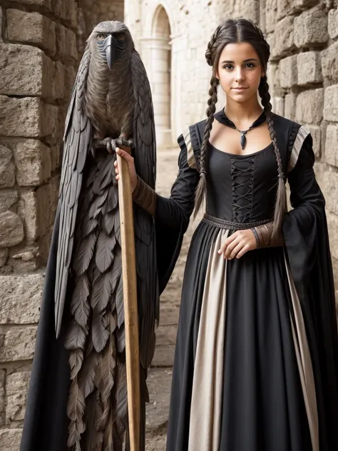 female, teen, olive skin, grey eyes, long black french braided hair, medieval dress, transformation into a harpy