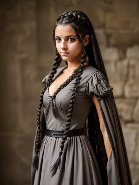 female, teen, olive skin, grey eyes, long black french braided hair, medieval dress, transformation into a harpy