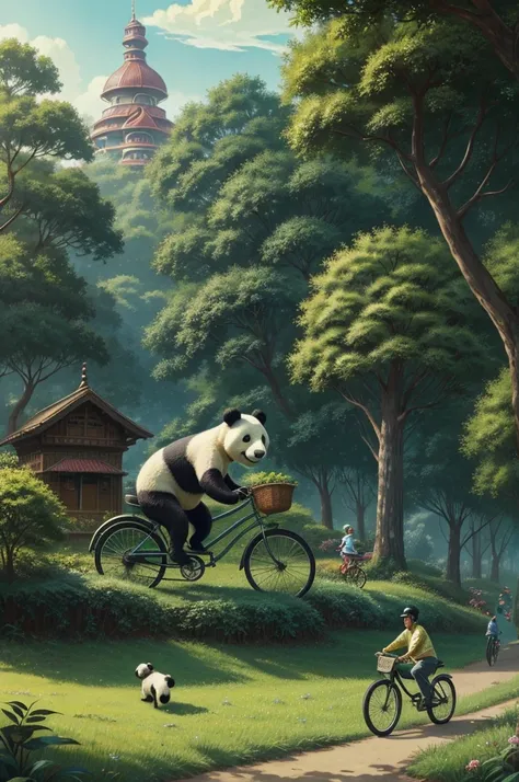 Man riding a vintage bicycle in a lush green park, observing a playful panda running alongside, whimsical, detailed character design, realistic shading, vibrant colors, joyful atmosphere, digital painting by Bobby Chiu and Simon Stålenhag, artstation trend...