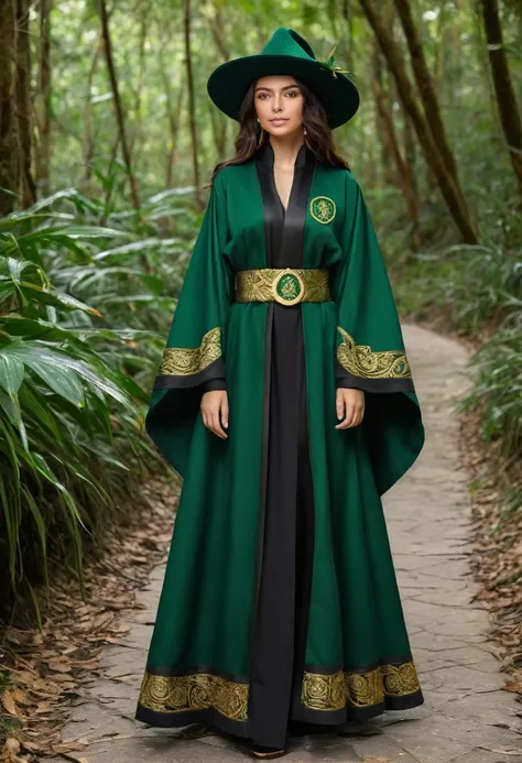 create uniforms for the school of magic and witchcraft wizard castle 
Robe:Color: Emerald green.Material: Thick, durable fabric, similar to high-quality linen or cotton.Details: Gold embroidery on the sleeves and hem, with patterns resembling tropical plan...