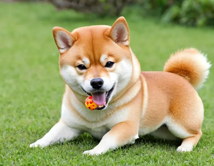 Shiba Inu hog a toy：Holding on to his favorite toy and refusing to let go。