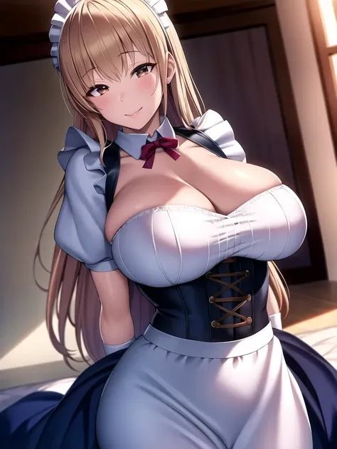 A beautiful detailed face of a young girl with long golden hair, wearing a maid outfit with a corset, looking directly at the viewer, standing in a castle interior, with a large curvaceous bottom, brown eyes, and average-sized breasts, (best quality,4k,8k,...