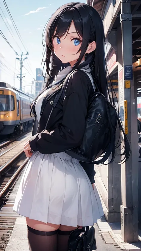 beautiful girl with long black hair, beautiful detailed blue eyes, beautiful detailed lips, extremely detailed face, cute pouty face, white skirt, dark blue jacket, train station background, anime style, highly detailed, masterpiece, soft colors